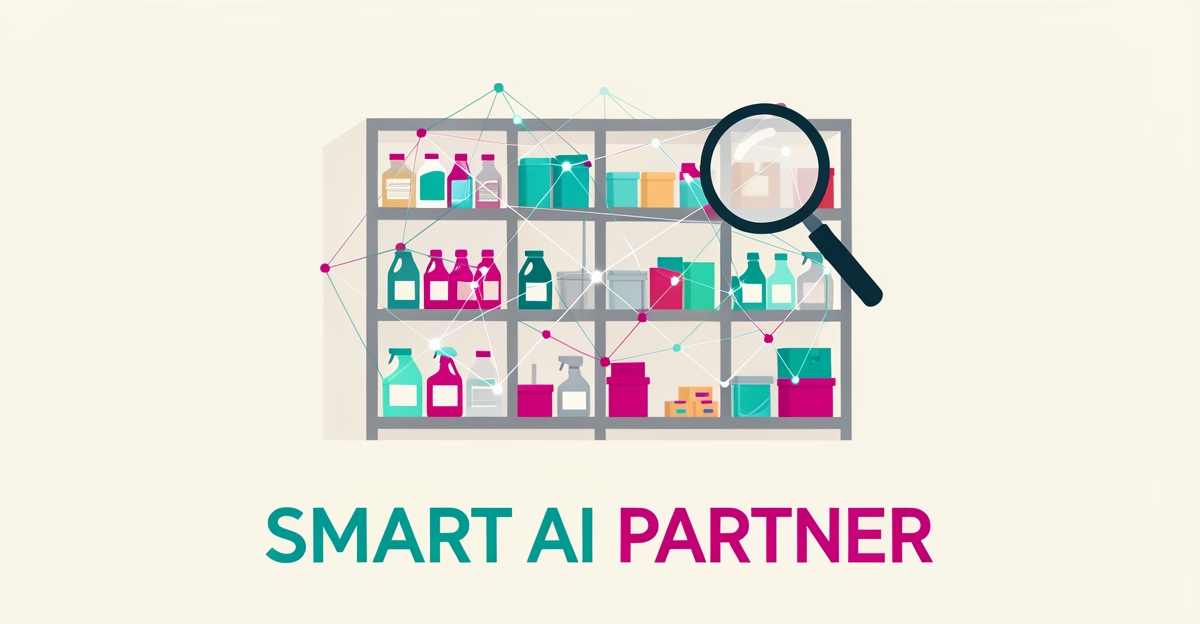 Flat illustration of a janitorial supply warehouse overlaid with glowing AI network lines in teal and magenta, with a headline about choosing a smart AI partner.