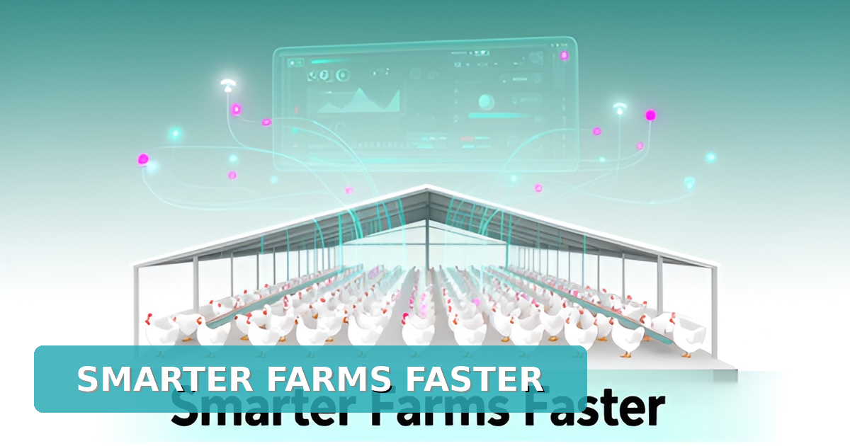 Flat illustration of a modern poultry barn with AI data streams and dashboard overlays in teal and magenta, titled Smarter Farms Faster.