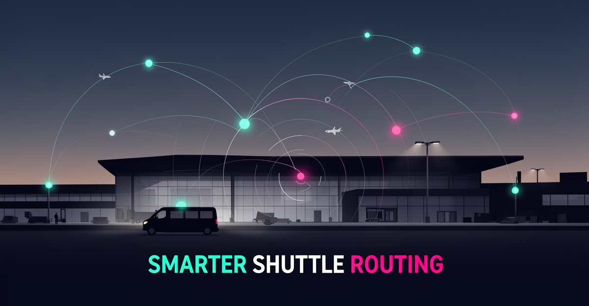 Flat illustration of an AI-optimized shuttle route network glowing around a Halifax airport terminal in teal and magenta.