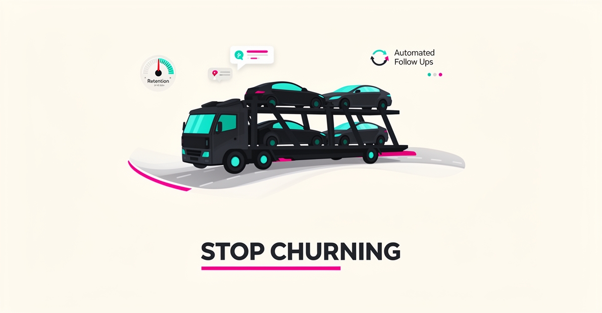 Flat illustration of an auto hauling truck surrounded by AI retention icons with the headline Stop Churning.