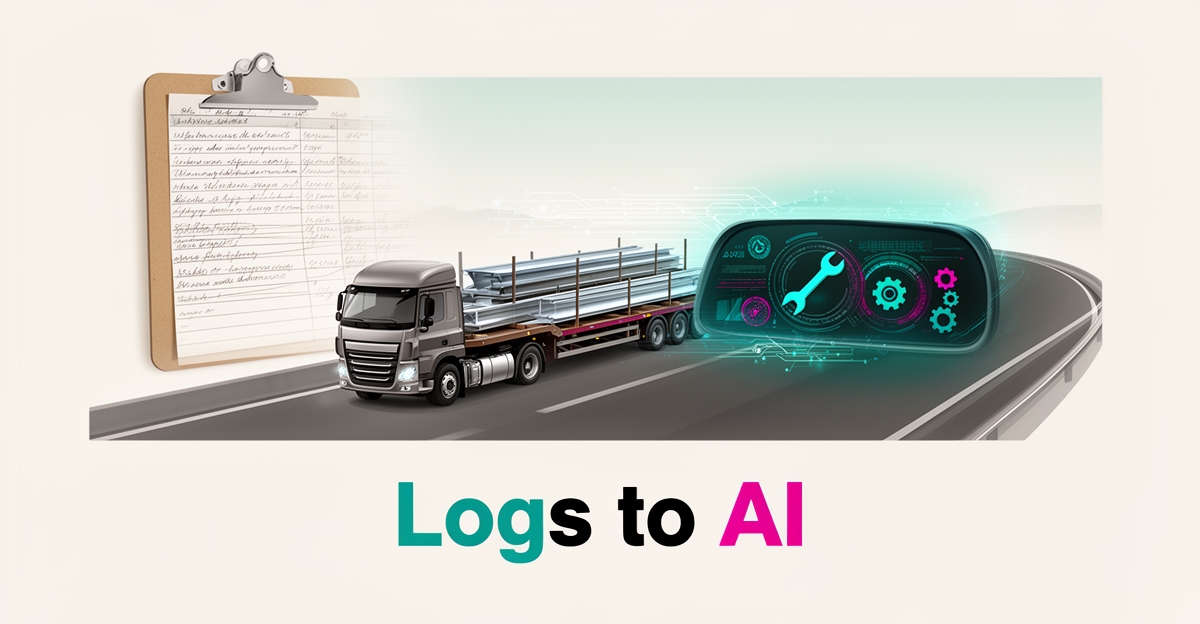 Flat illustration of a flatbed truck transitioning from paper maintenance logs to an AI-powered digital dashboard in teal and magenta.