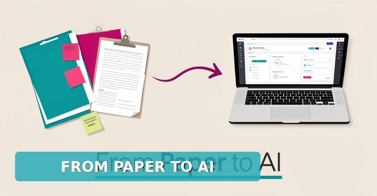 Flat illustration of a design studio desk transitioning from scattered paper project folders to a digital dashboard, symbolizing AI-powered project tracking.