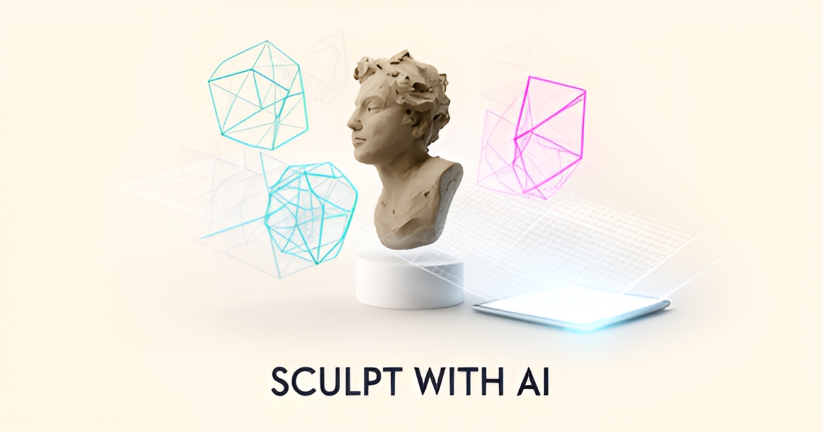 Flat illustration of a clay sculpture on a pedestal surrounded by glowing AI-generated 3D wireframe forms in teal and magenta.