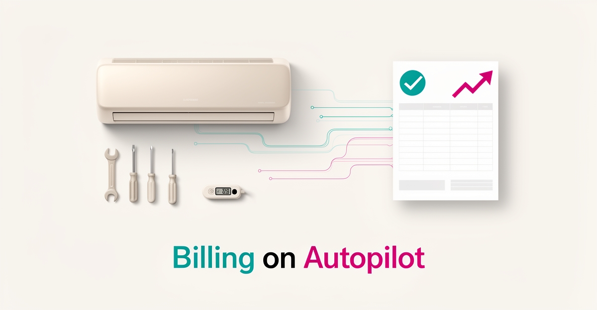 Flat illustration of an auto AC service connected to an automated digital invoice with a rising payment arrow, accented in teal and magenta.