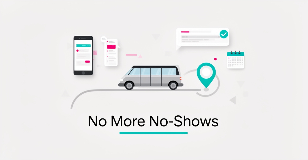 Flat illustration of a shuttle van with AI reminder notifications and a route pin, accented in teal and magenta.