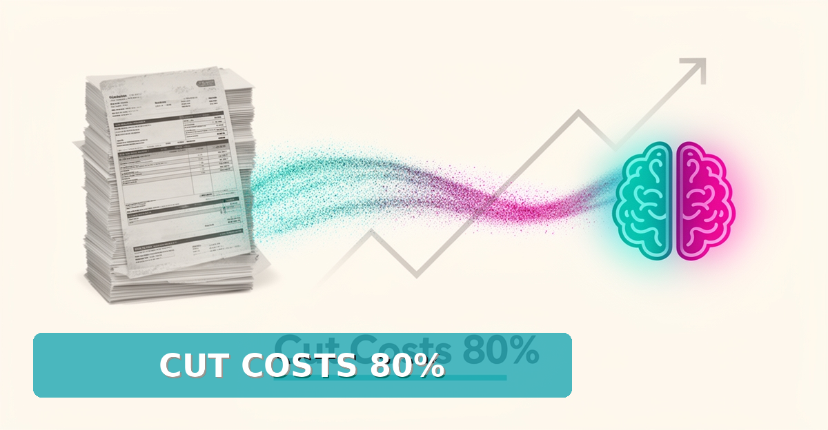 Flat illustration of paper documents transforming into a digital AI-driven stream, symbolizing cost savings from automated import processing.
