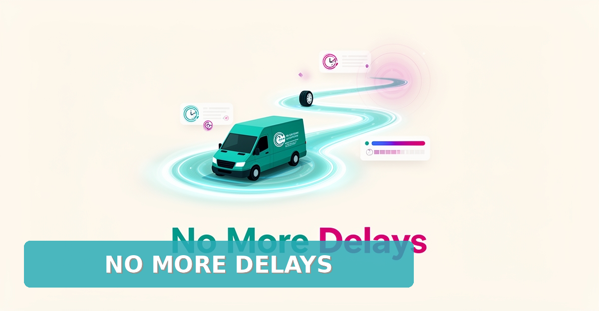 Flat illustration of a mobile tire service van on a predictive AI route with notification bubbles, headline reading No More Delays.