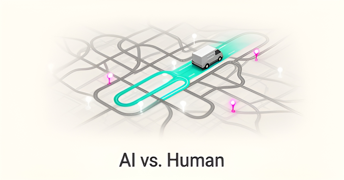 Flat illustration of a city map showing an optimized teal routing path for a mobile windshield repair van, with AI vs. Human headline.