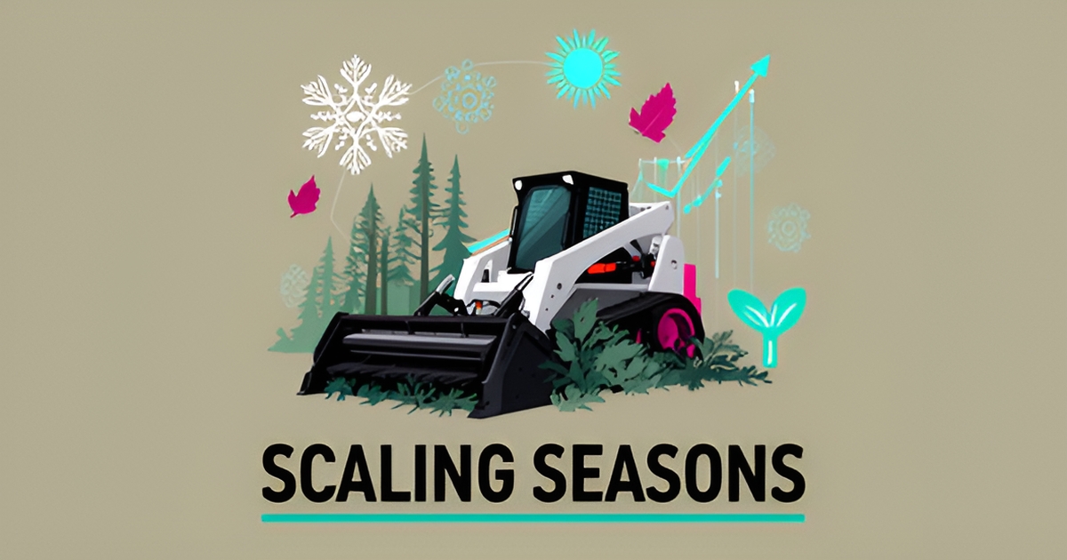 Flat illustration of a forestry mulching machine surrounded by seasonal icons and AI data motifs, with headline 'Scaling Seasons'.