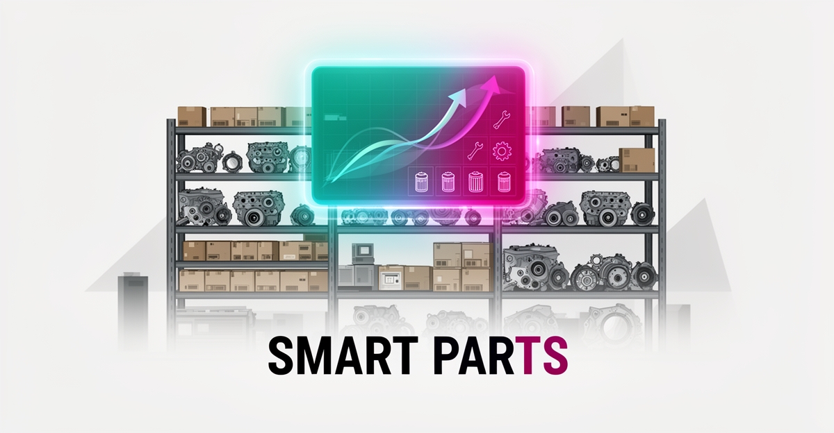 Flat illustration of a diesel shop parts room with an AI forecasting dashboard, accented in teal and magenta, titled Smart Parts.