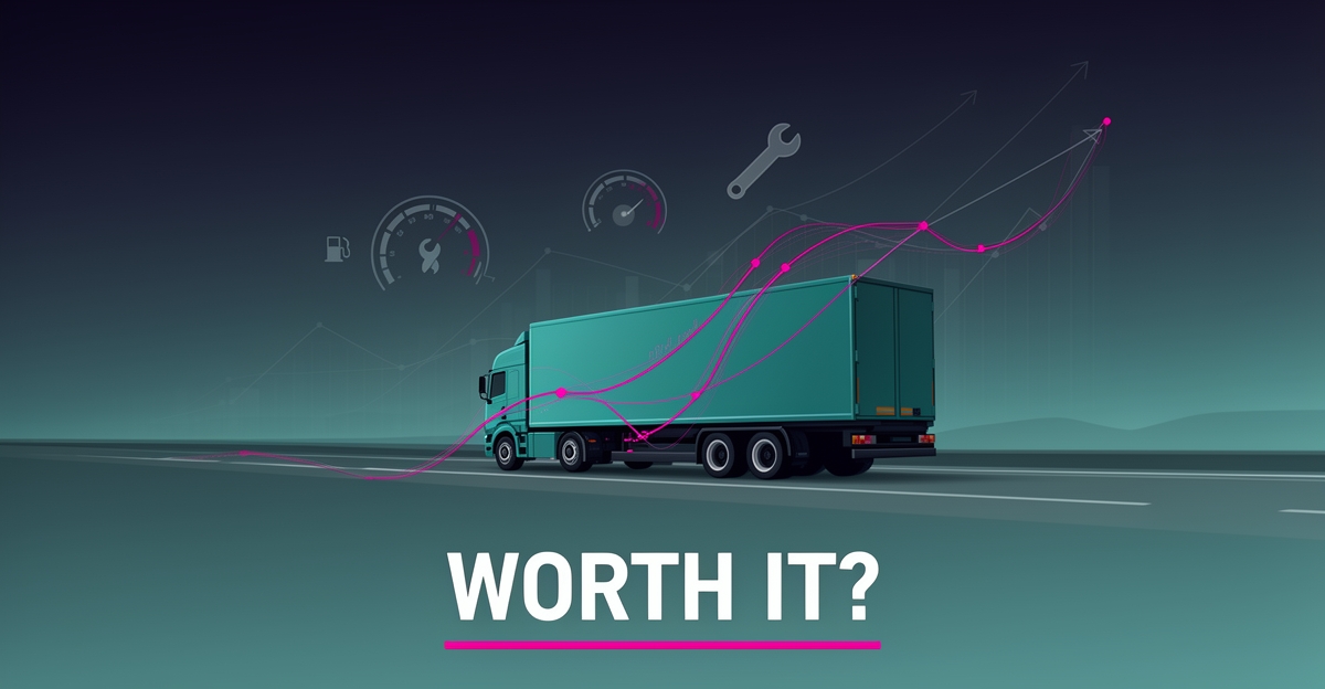 Flat illustration of a semi truck on a highway with data streams and rising graphs, symbolizing AI's measurable ROI in long-haul trucking.