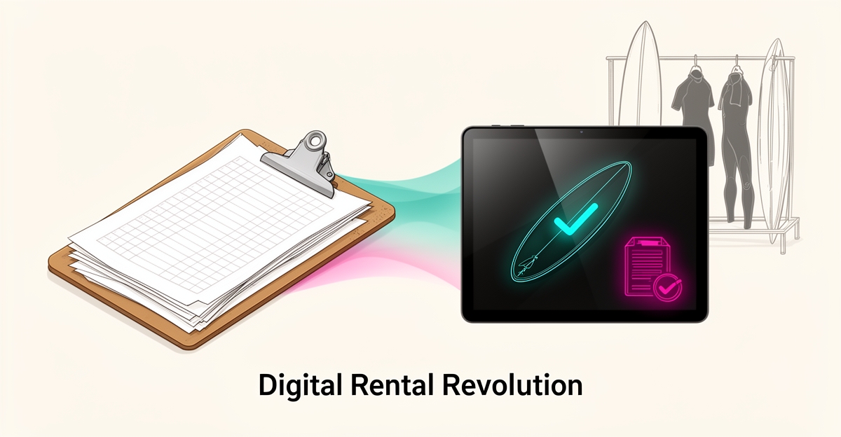 Flat illustration of surf rental check-ins shifting from paper slips to AI-powered digital scanning, in teal and magenta accents.