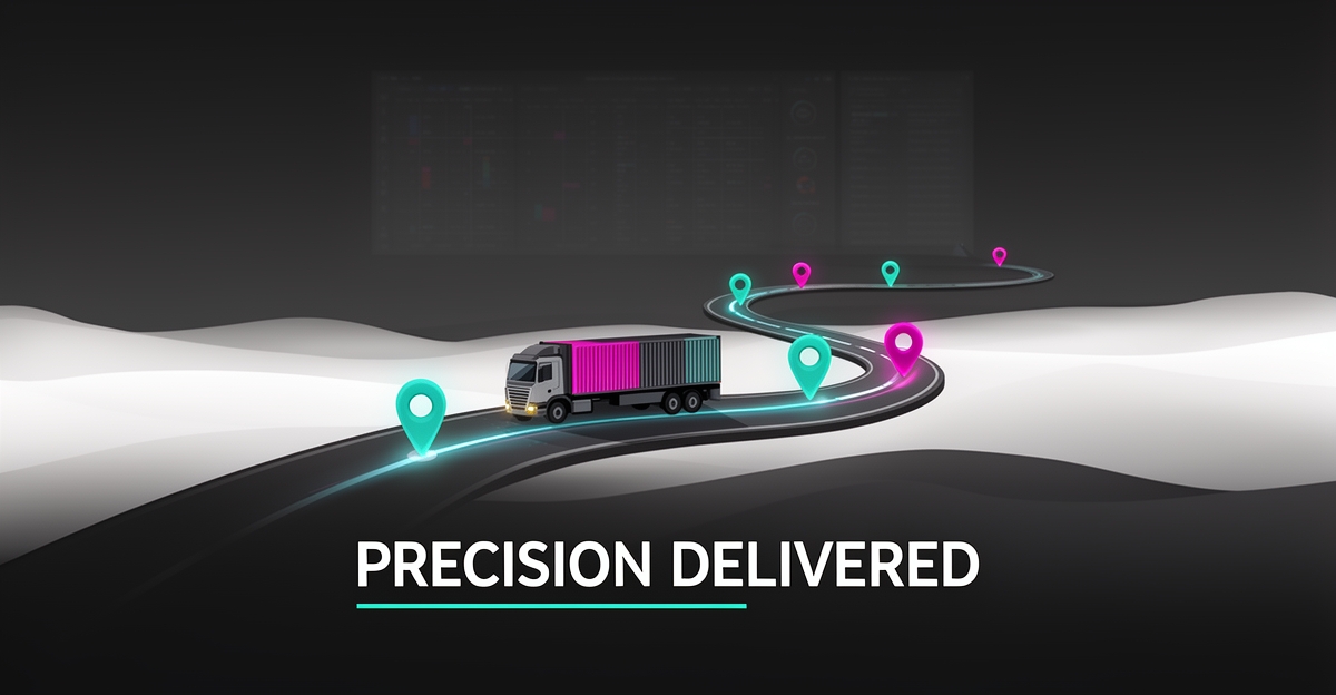 Flat illustration of a cargo truck following a glowing AI-optimized route with map pins, headline reading Precision Delivered.