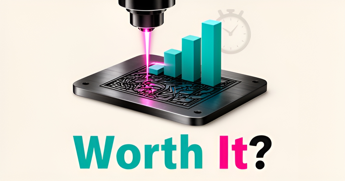 Flat illustration of a laser engraver etching a metal plaque with rising chart accents, headline asking if AI is worth it for engraving businesses.