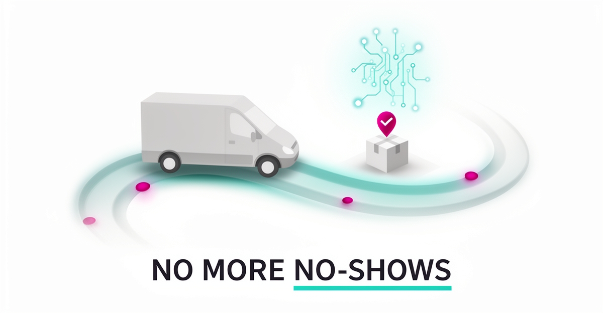 Flat illustration of a delivery van following an AI-optimized route with teal and magenta accents, headline reading No More No-Shows.