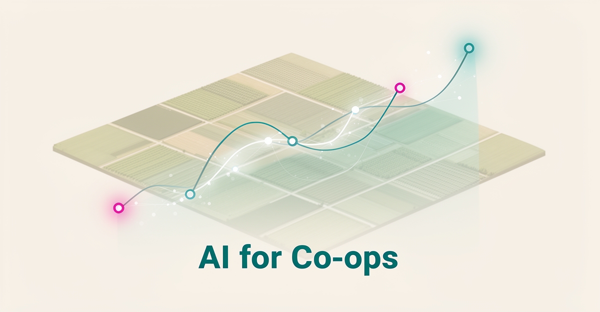 Flat illustration of geometric farm fields overlaid with AI data charts in teal and magenta, with headline 'AI for Co-ops'.