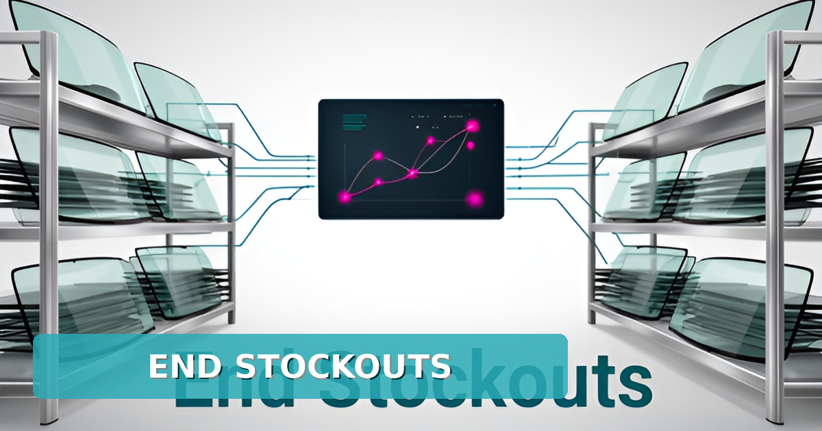 Flat illustration of a smart auto glass warehouse with windshields on shelves linked to a predictive AI dashboard, headline reading End Stockouts.