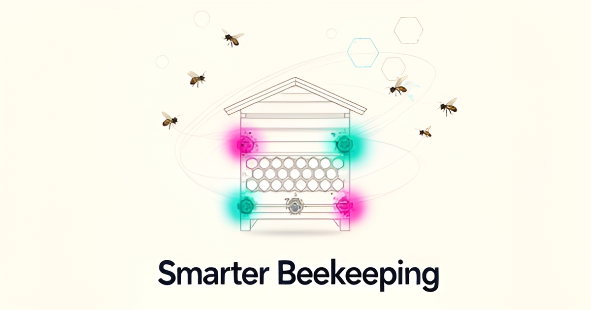 Flat illustration of a beehive with glowing AI sensor nodes and data lines, accented in teal and magenta, with the headline Smarter Beekeeping.
