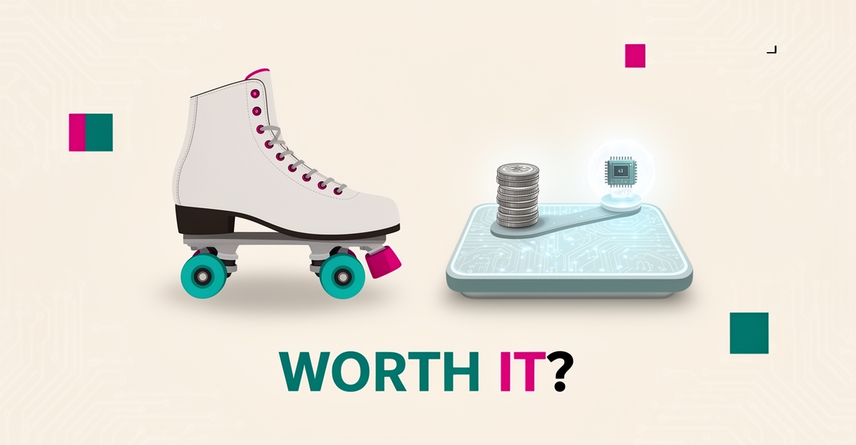Flat illustration of a roller skate beside a digital balance scale with circuit patterns, asking whether AI is worth it for skating rinks.