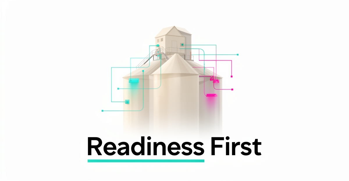 Flat illustration of grain silos connected by glowing teal and magenta data lines with the headline Readiness First.