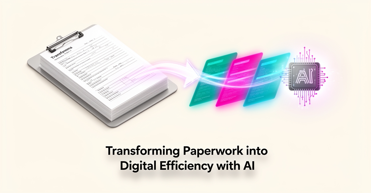 Flat illustration of paper intake forms transforming into digital data flowing to an AI chip, accented in teal and magenta, with the headline Paper to AI.