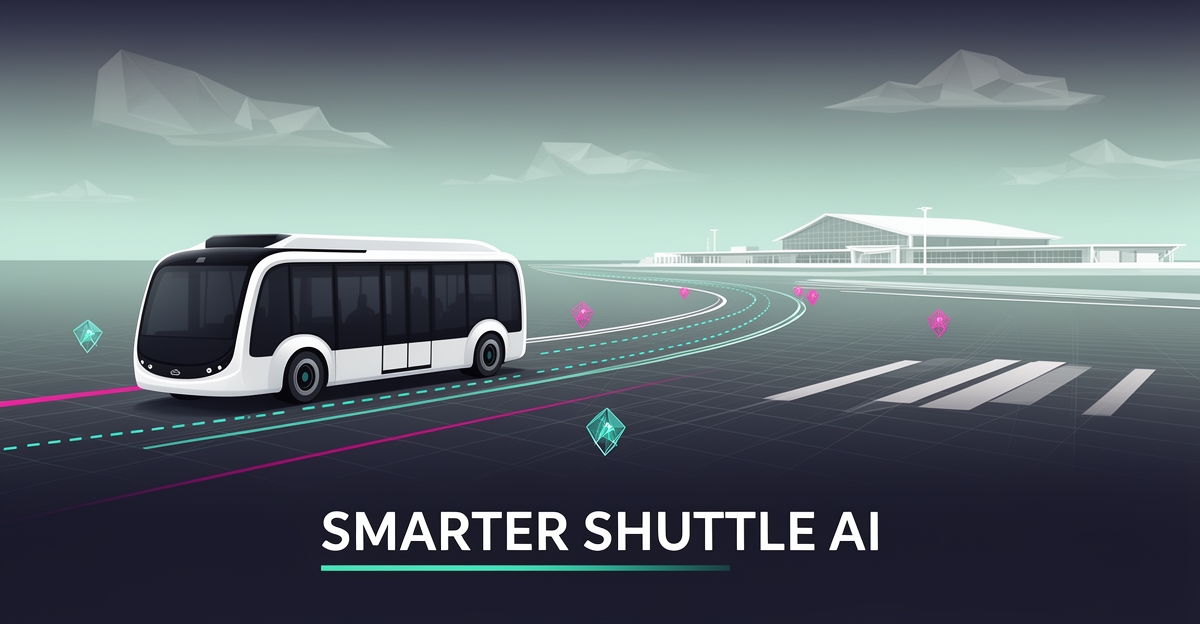 Flat illustration of an autonomous airport shuttle with AI routing lines in teal and magenta heading toward a terminal, titled Smarter Shuttle AI.
