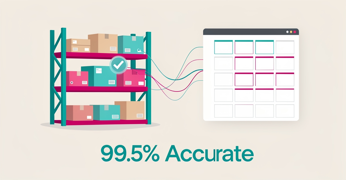 Flat illustration of AI scanning office supply boxes on warehouse shelves with a validation checkmark, teal and magenta accents.