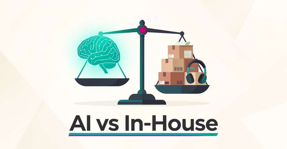 Flat illustration of a glowing AI brain outweighing office supplies and headsets on a balance scale, symbolizing AI versus in-house staff for customer inquiries.