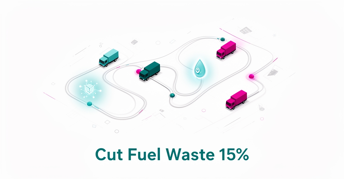 Flat illustration of delivery trucks on an optimized route with data nodes and a fuel droplet, headline reading Cut Fuel Waste 15%.