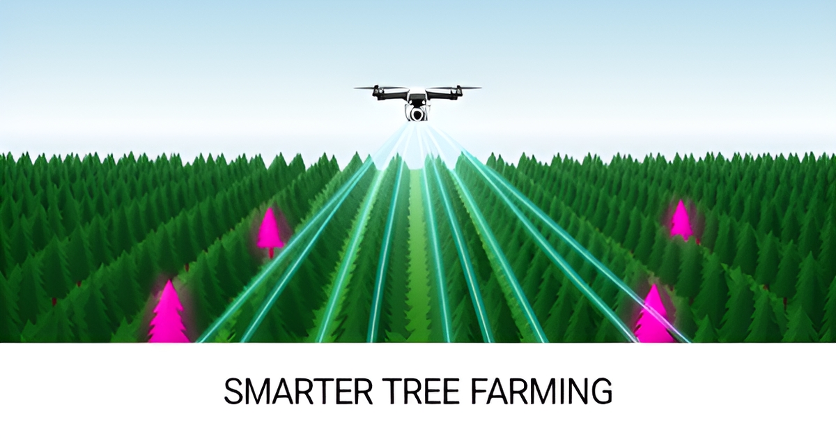 Flat illustration of a drone scanning rows of Christmas trees with teal and magenta AI mapping accents.