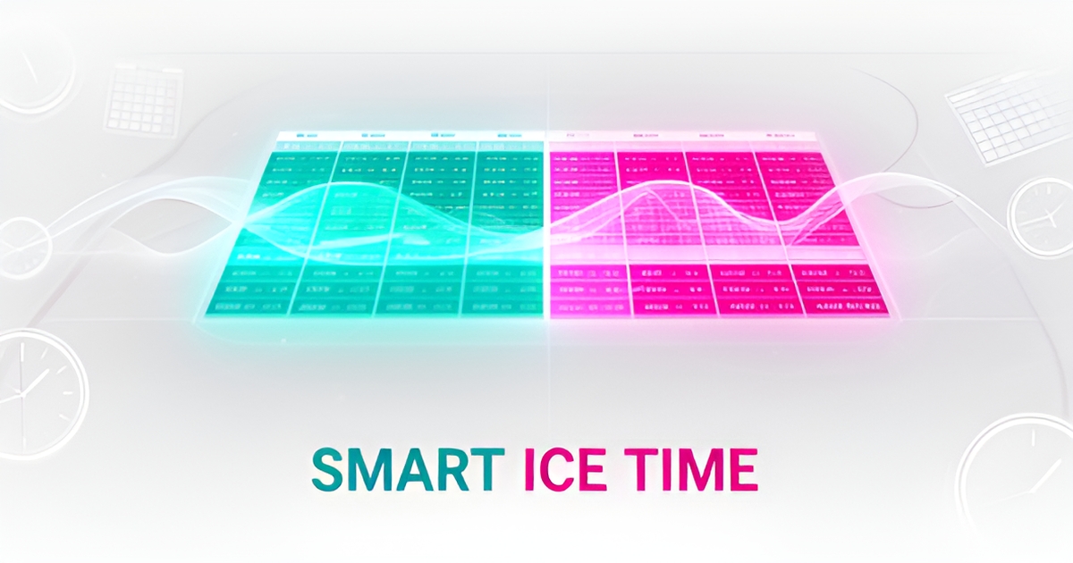 Flat illustration of an ice rink divided into AI-optimized peak and off-peak session blocks with teal and magenta accents.