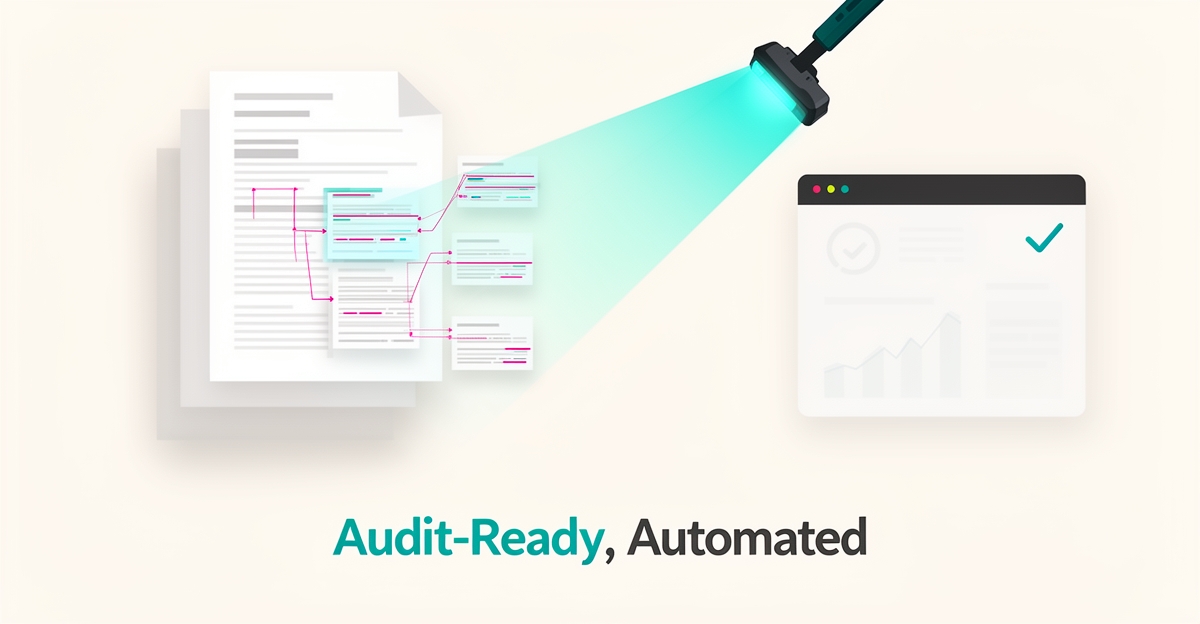 Flat illustration of AI extracting data from land lease documents into an audit-ready compliance dashboard with teal and magenta accents.