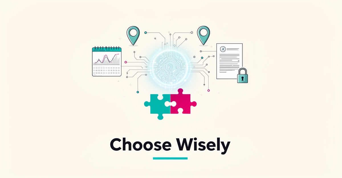 Flat illustration of AI partnership for event rental operations with connected dispatch and calendar icons in teal and magenta, titled Choose Wisely.