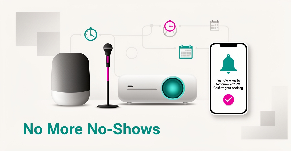Flat illustration of AV rental equipment with a smartphone showing AI-powered reminder notifications, accented in teal and magenta.