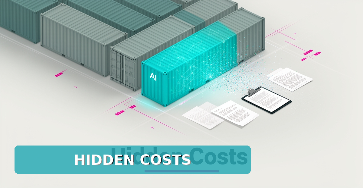 Flat illustration of a container yard with one teal-highlighted container and dissolving paperwork, headlined Hidden Costs.