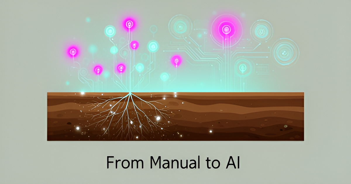 Flat illustration of soil layers with AI sensor data points in teal and magenta, symbolizing AI-transformed soil testing on small farms.