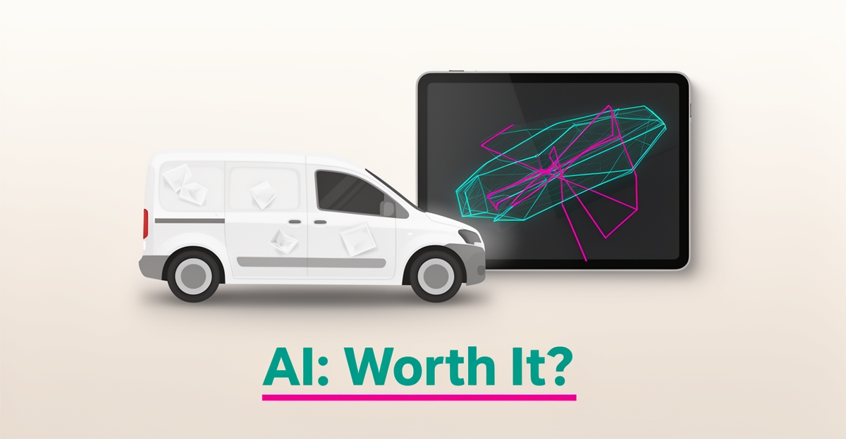 Flat illustration of a mobile dent repair van being scanned by AI damage-assessment technology with teal and magenta accents.