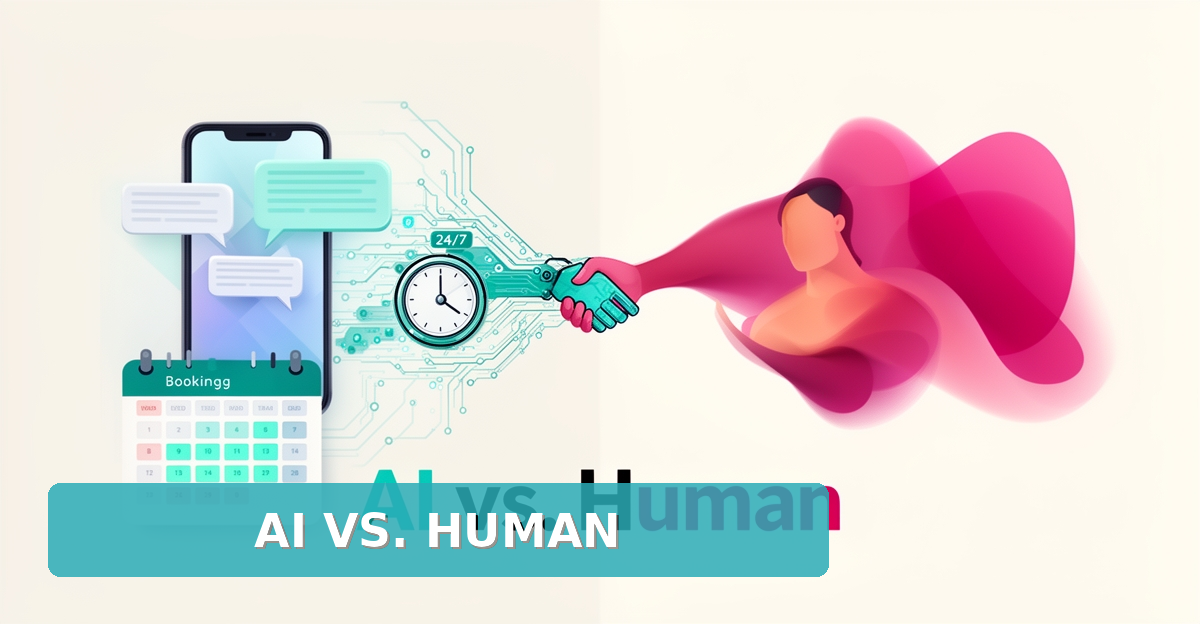 Flat illustration of AI chat automation and human booking management split by teal and magenta accents, headline reading AI vs. Human.