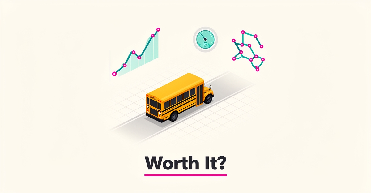 Flat illustration of a school bus surrounded by AI fleet data charts in teal and magenta, with headline 'Worth It?'