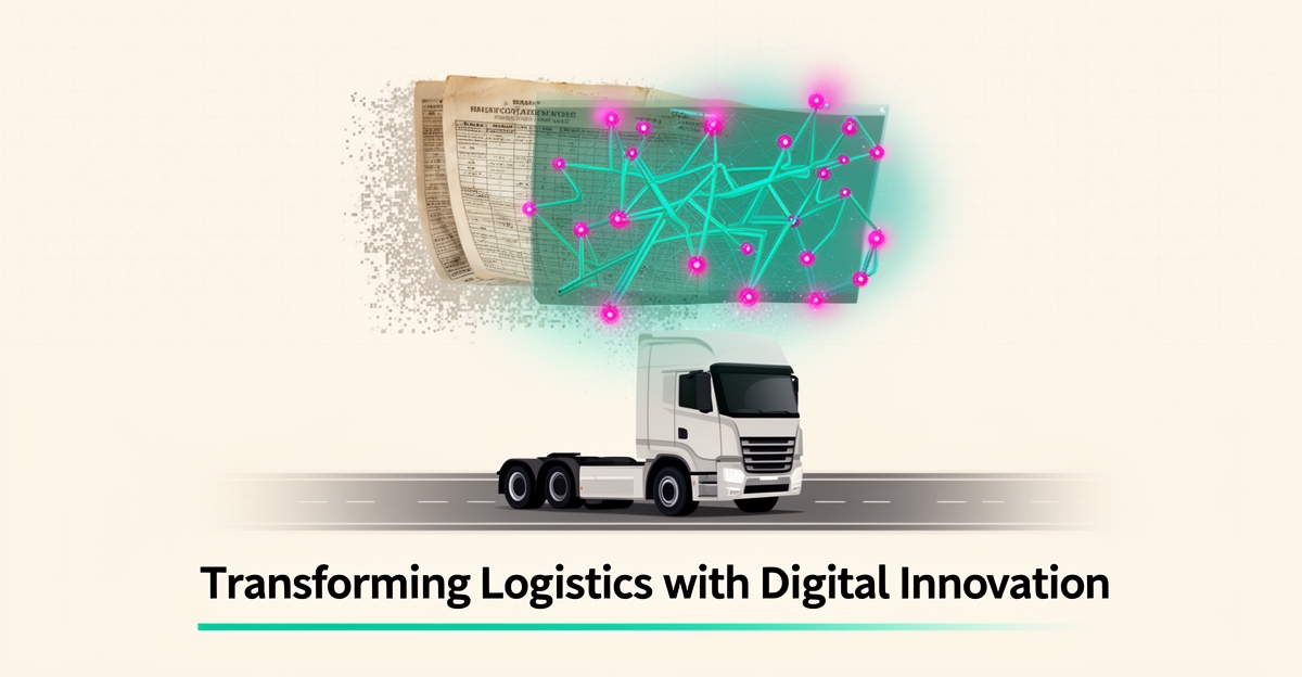 Flat illustration of a semi truck on a highway with a glowing AI route map replacing a fading spreadsheet, accented in teal and magenta.