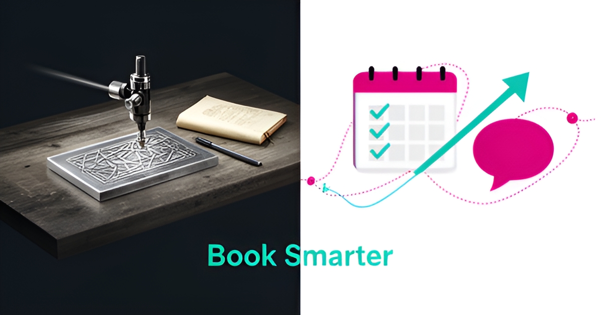Flat illustration of an engraving workshop transitioning from a manual logbook to AI automation icons with calendar and chat elements in teal and magenta.