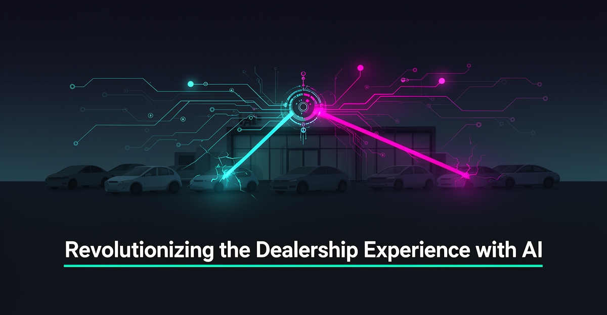 Flat illustration of a car dealership connected by glowing teal and magenta data pathways, with a bold headline reading AI Done Right.