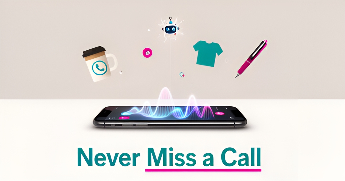 Flat illustration of a smartphone with AI call interface linked to promotional product icons, accented in teal and magenta, with headline Never Miss a Call.