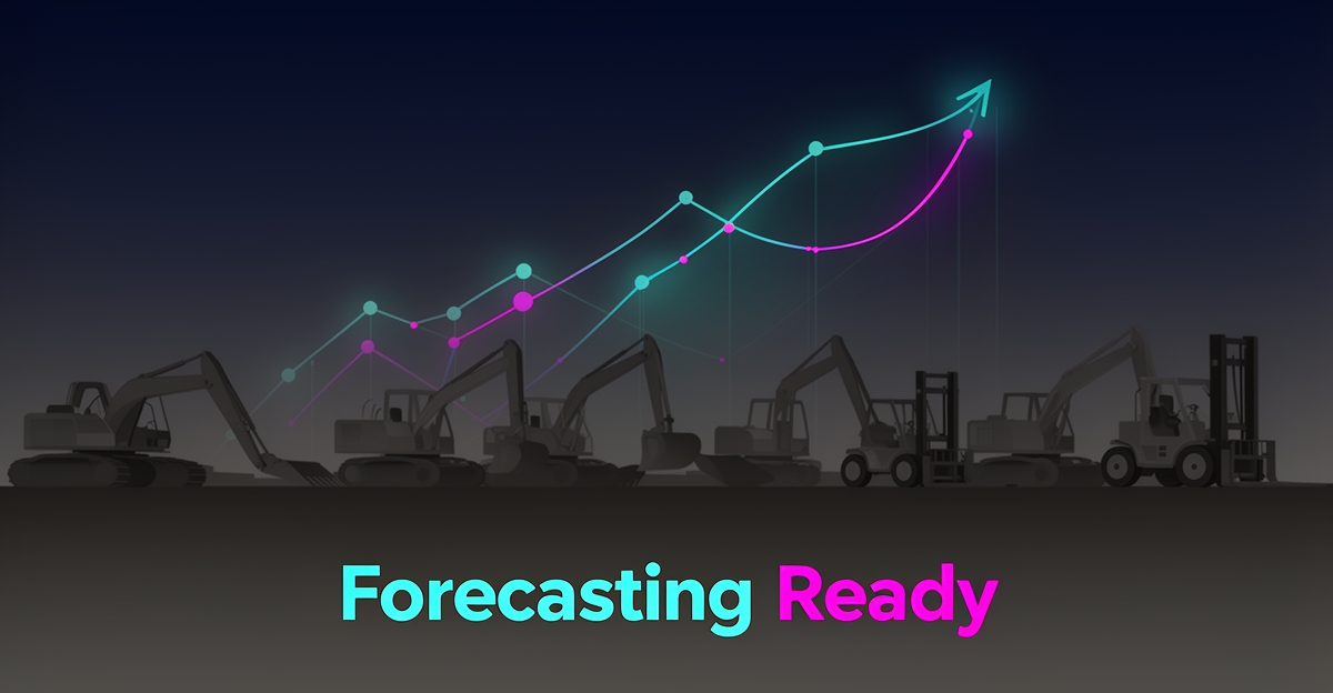 Flat illustration of a dealership equipment yard with glowing AI forecasting data curves in teal and magenta, headlined Forecasting Ready.