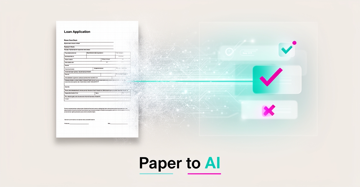 Flat illustration of a paper loan form transforming into a digital AI interface, with teal and magenta accents and the headline Paper to AI.