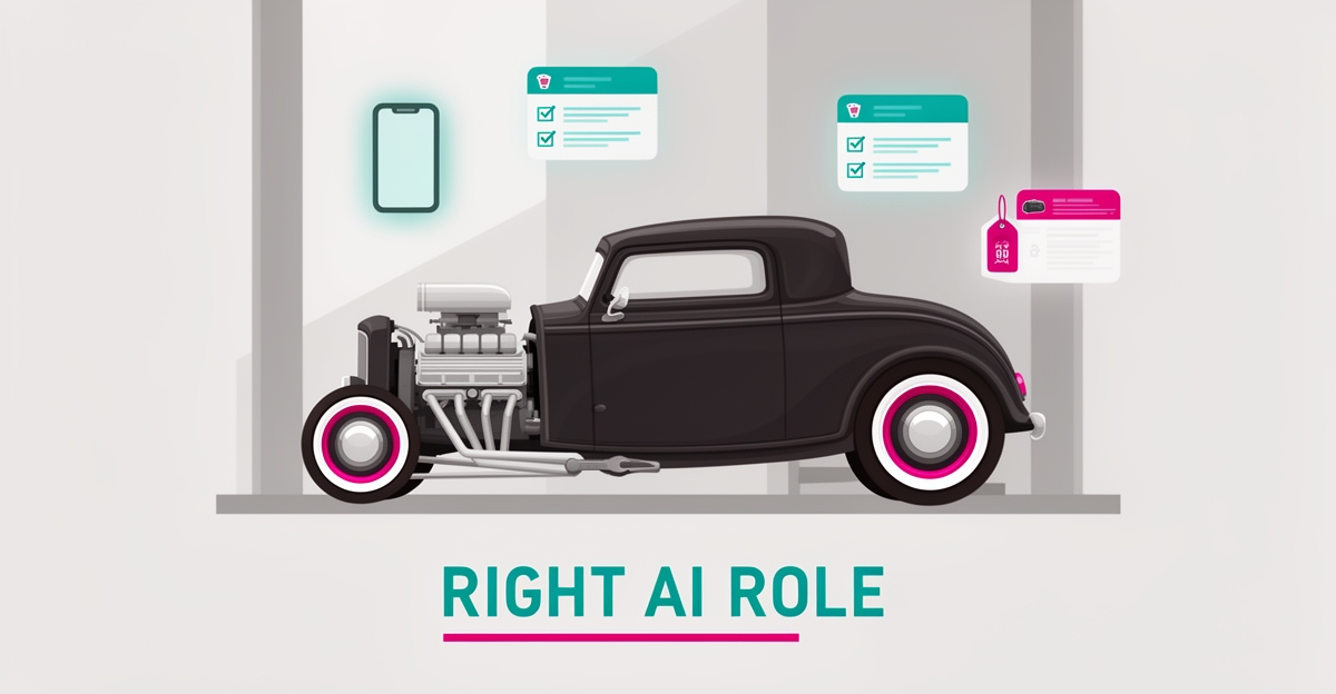 Flat illustration of a hot rod in a service bay with AI workflow icons and headline reading Right AI Role.
