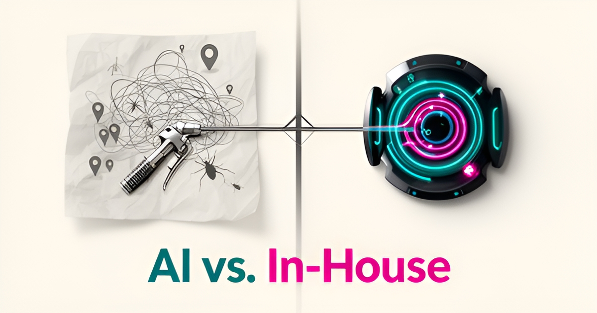 Flat illustration comparing tangled manual scheduling routes with an AI assistant optimizing pest service routes in teal and magenta.