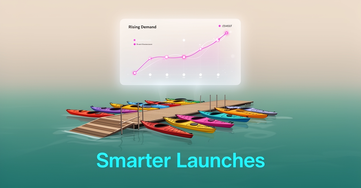 Flat illustration of kayaks queued at a lakeside dock with a glowing AI demand dashboard overhead and the headline Smarter Launches.