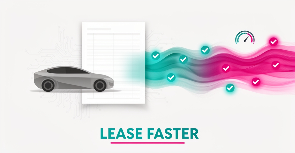 Flat illustration of a car and lease form transforming into automated digital data streams with teal and magenta accents.