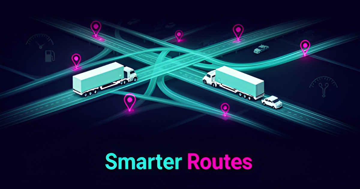 Flat illustration of auto hauler trucks on glowing AI-optimized highway routes in teal and magenta with the headline Smarter Routes.